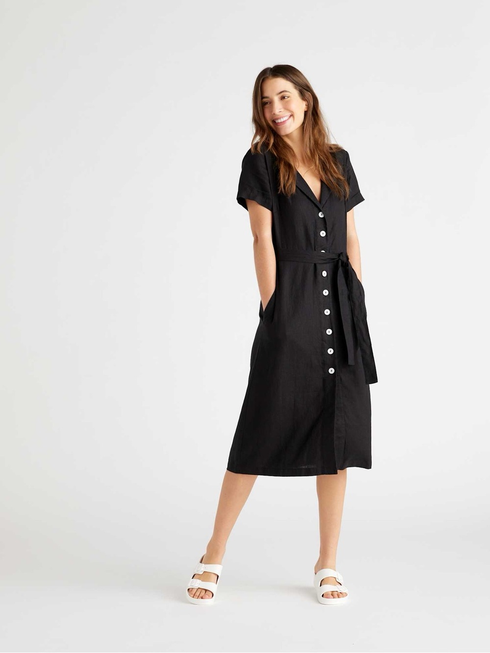 Quince 100% European Linen Button Front Dress Black Size Medium